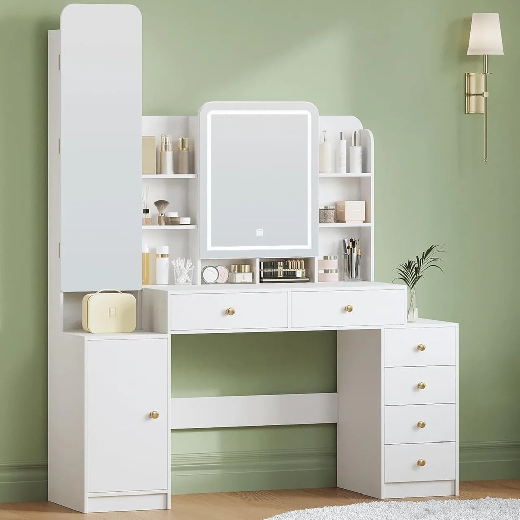 SEA7 - Set Masa toaleta 140 cm, 6 Sertare, rafturi, Oglinda cu LED, Organizator Bijuterii, masuta vanity, make-up, Design Unic - Alb - Auriu