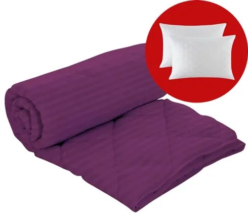 Set pilota iarna, umplutura lana, material damasc policoton, 180x210cm, matlasata, mov deschis, Pucioasa cu 2 perne, matlasate, antialergice, 50x70cm, albe, Pucioasa