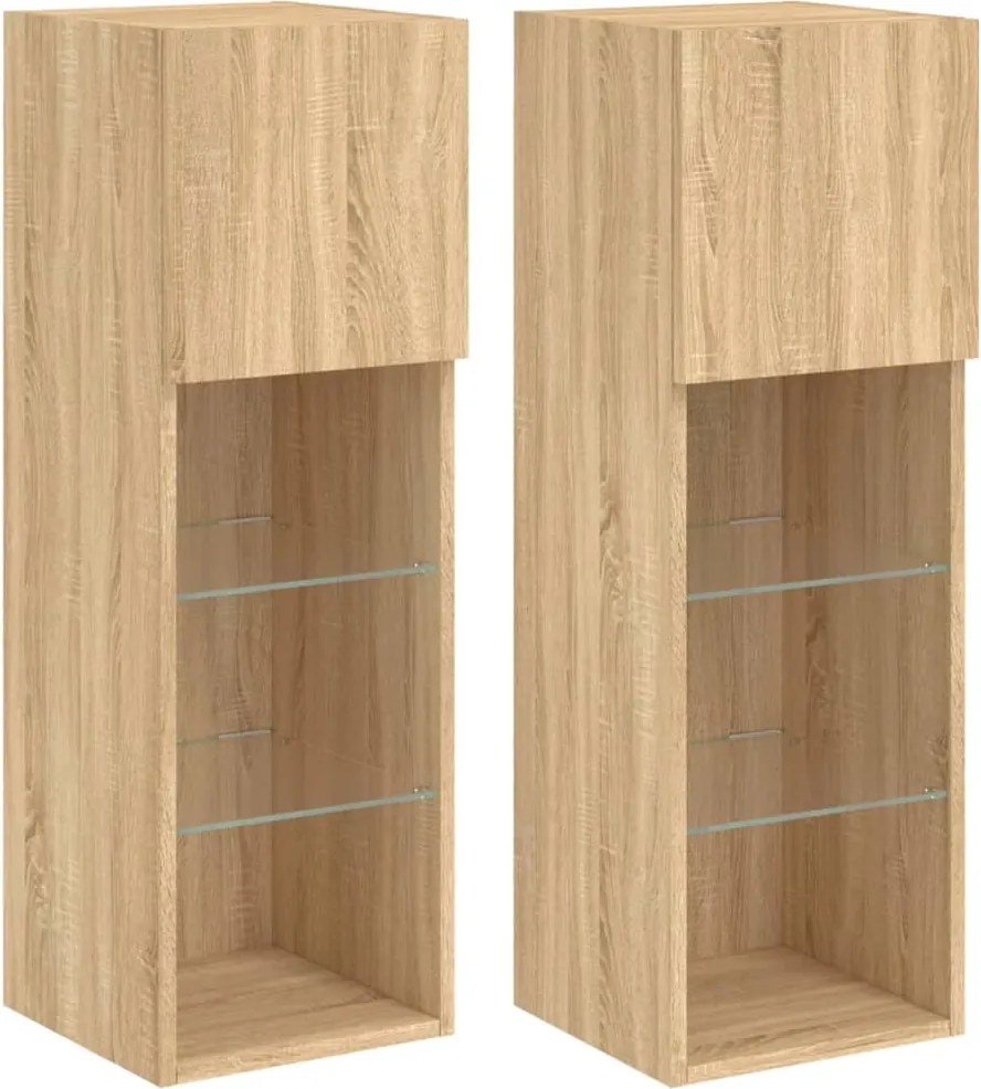 vidaXL Comode TV cu lumini LED, 2 buc., stejar sonoma, 30,5x30x90 cm