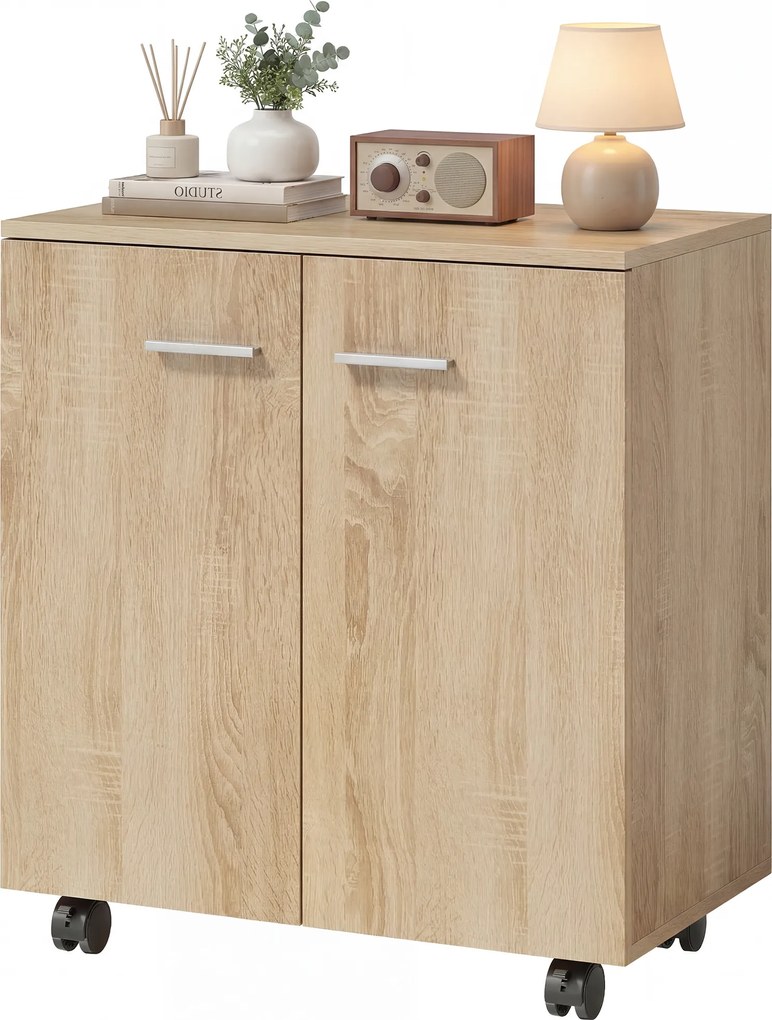 HOMCOM Bufet de living cu roți 2 uși și rafturi pentru living, dormitor, birou 60x35x65 cm Natural | Aosom Romania