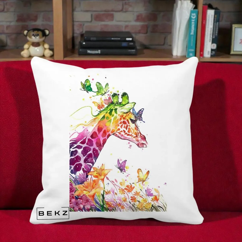 Perna Decorativa Girafa Curcubeu Acuarela, 40x40 cm, Alba Mata, Husa Detasabila, Perna Inclusa, BEKZ®