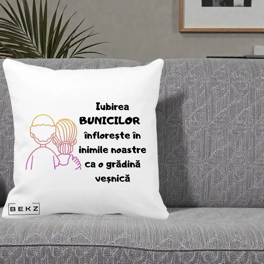 Cadou pentru Bunici - Perna Personalizata Iubirea Bunicilor Infloreste Cuplu Line Art Gradient, 40x40 cm, Alba Mata, Husa Detasabila, Perna Inclusa, BEKZ®