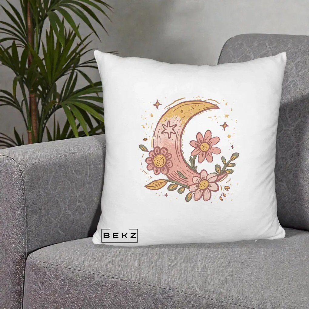 Perna Decorativa Luna Florala Boho, 40x40 cm, Alb Pufos, Husa Detasabila, Perna Inclusa, BEKZ®