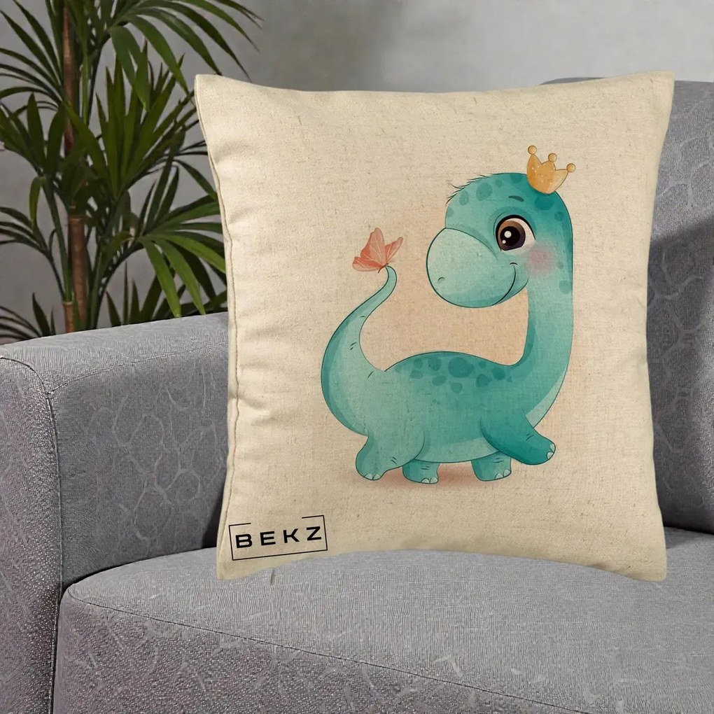 Perna Personalizata Dinozaur Bland Coroana Kawaii, 40x40 cm, Bej, Husa Detasabila, Perna Inclusa, BEKZ®