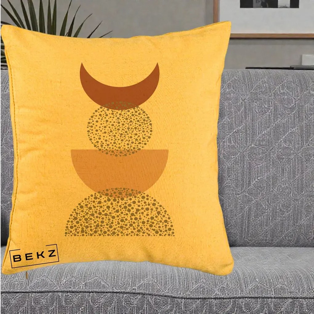 Perna Decorativa Boho Luna Plina si Forme Punctate, 40x40 cm, Galben, Husa Detasabila, Perna Inclusa, BEKZ®