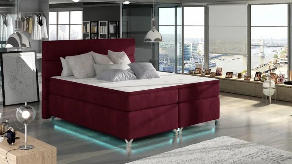 Pat tapitat boxspring, cu spatiu pentru depozitare, echipat cu LED, 180X200 cm, Amadeo, Eltap (Culoare: Bordeaux)