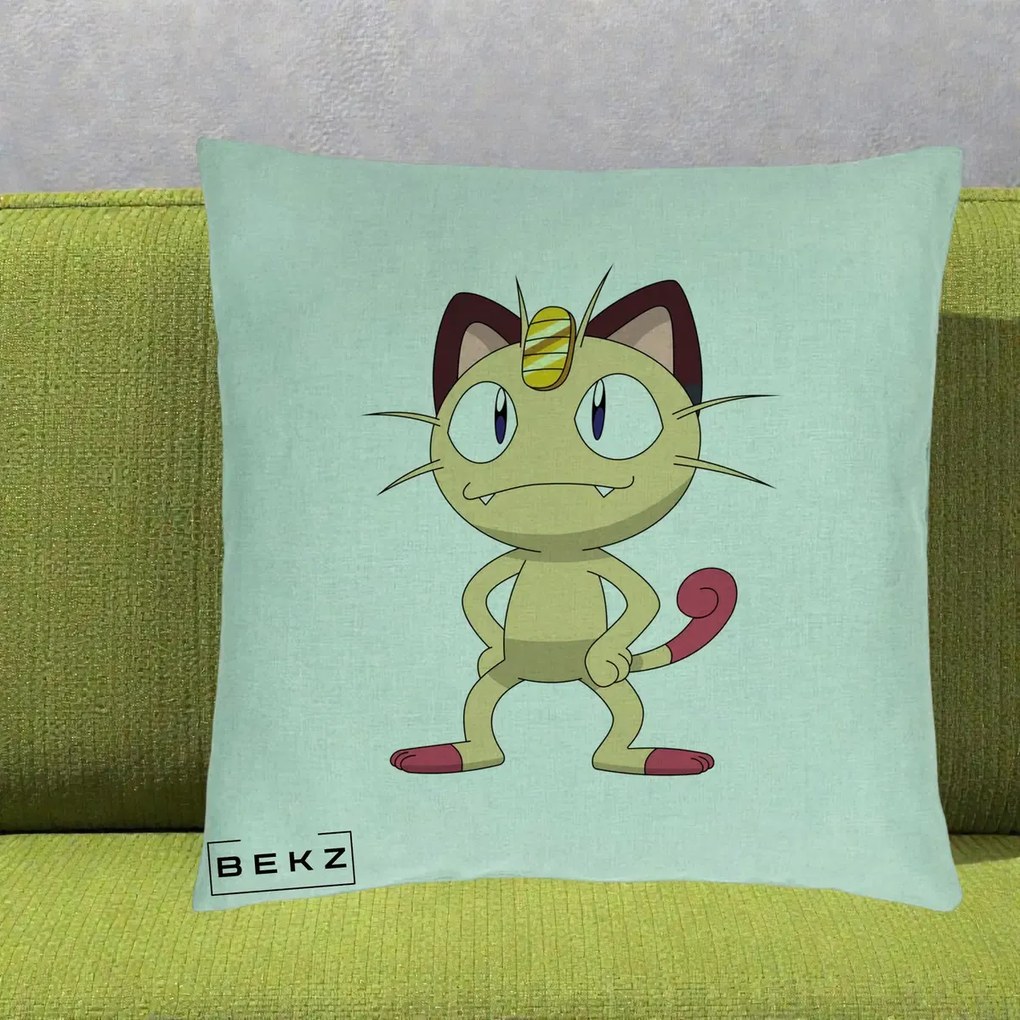 Perna Personalizata Meowth Pokemon, 40x40 cm, Verde Menta, Husa Detasabila, Perna Inclusa, BEKZ®