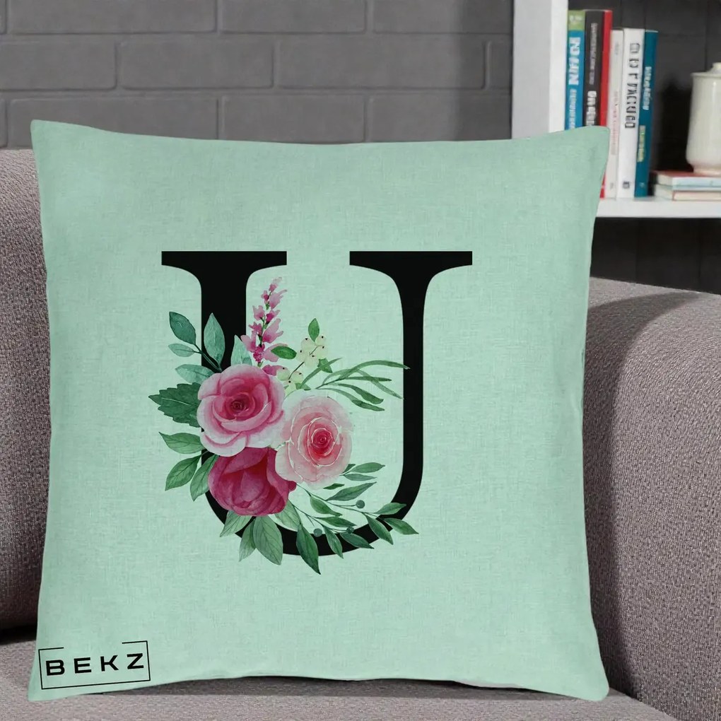 Cadou Personalizat - Perna Personalizata Monograma Florala Litera U, 40x40 cm, Verde Menta, Husa Detasabila, Perna Inclusa, BEKZ®
