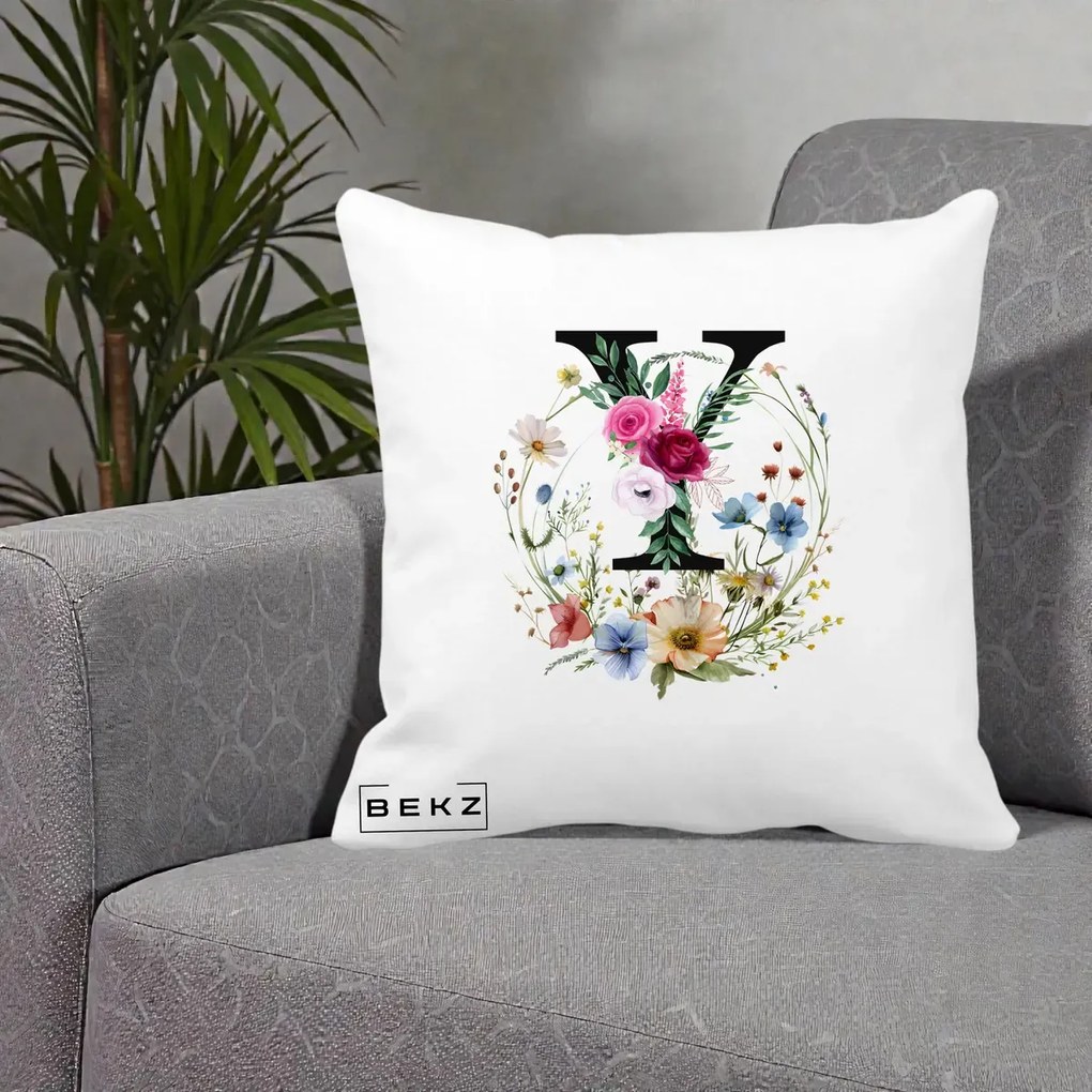 Cadou Personalizat - Perna Personalizata Monograma Florala Litera Y cu Coroana, 40x40 cm, Alba Mata, Husa Detasabila, Perna Inclusa, BEKZ®