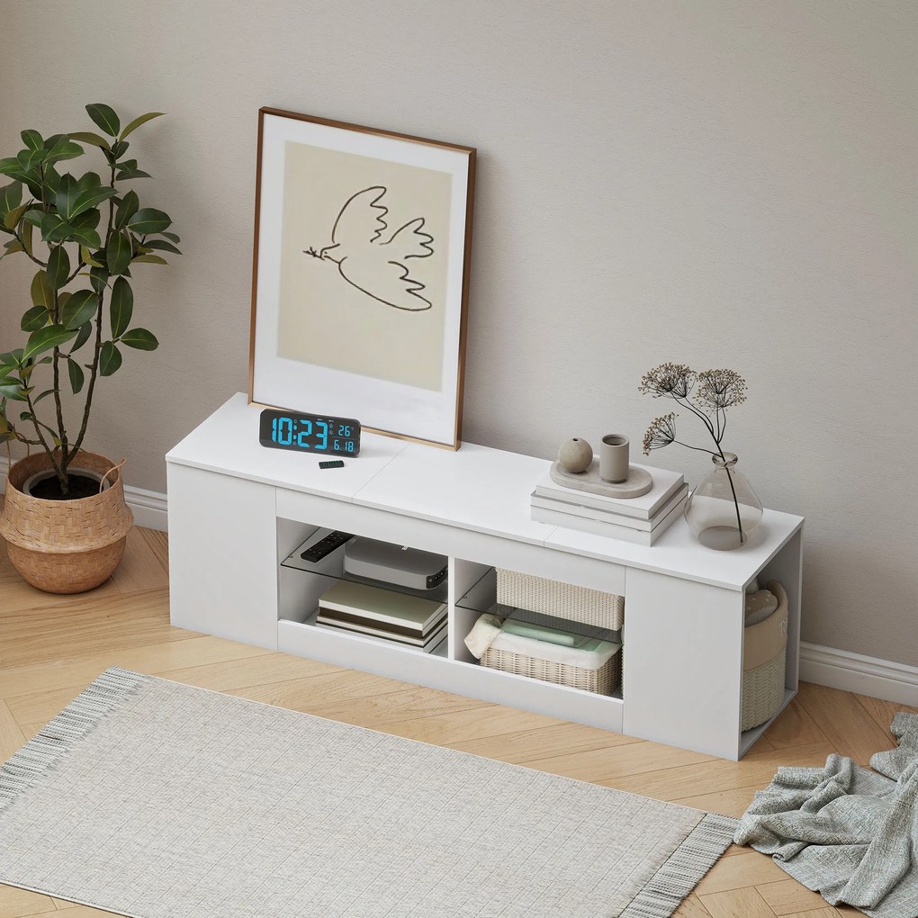 HOMCOM Suport TV 140 cm, comodă TV, 6 compartimente, 2 rafturi din sticlă, PAL, Alb | Aosom Romania