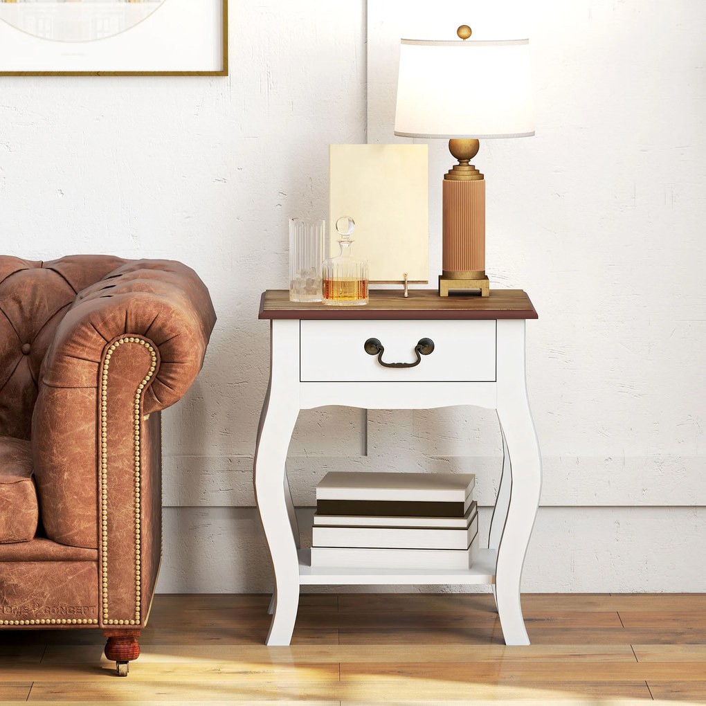 HOMCOM Noptieră Modernă cu Sertar și Raft Deschis din Lemn Alb și Lemn Natural | Aosom Romania