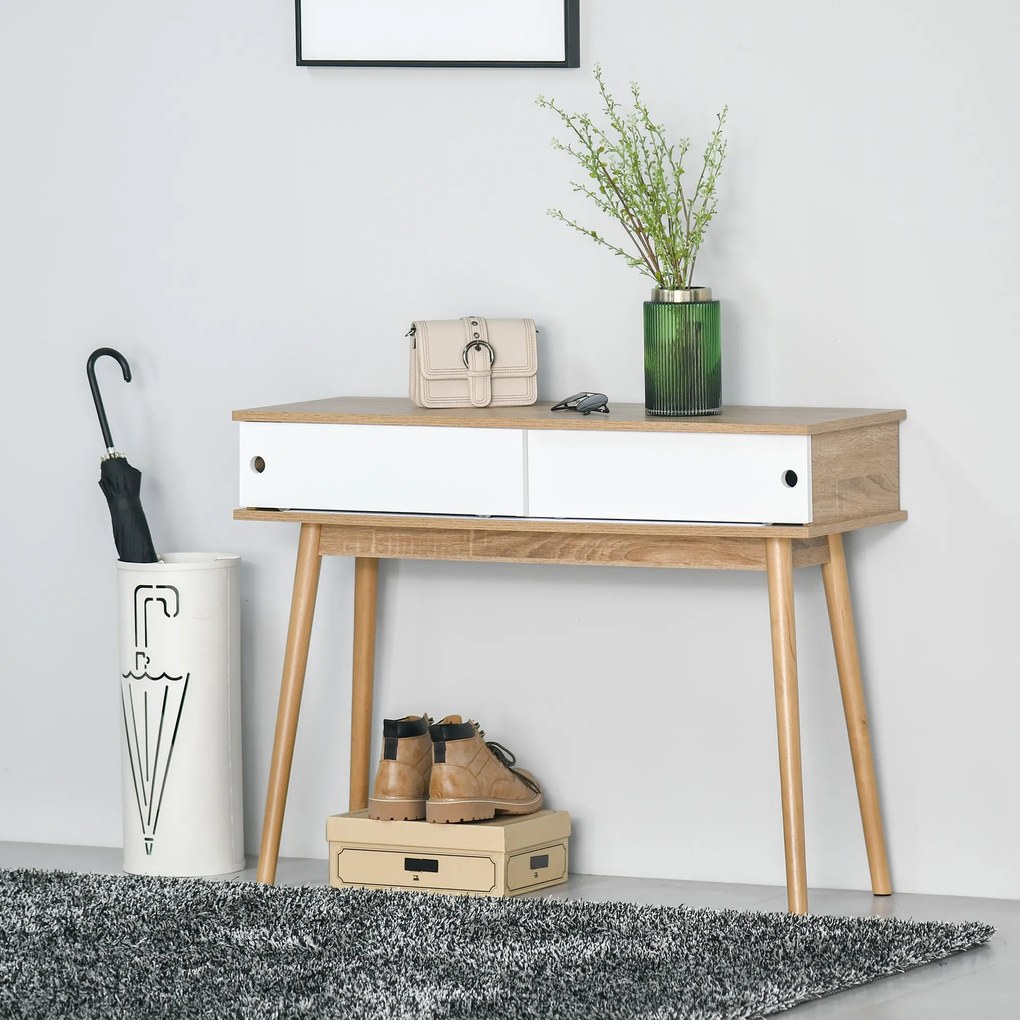 HOMCOM Masuta Consola de Hol si Sufragerie cu 2 Compartimente, din MDF si Picioare din Lemn de Pin, 100x35x75cm, Alb