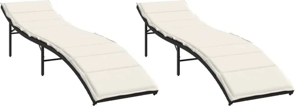 vidaXL Șezlonguri de plajă cu perne, 2 buc., negru, poliratan
