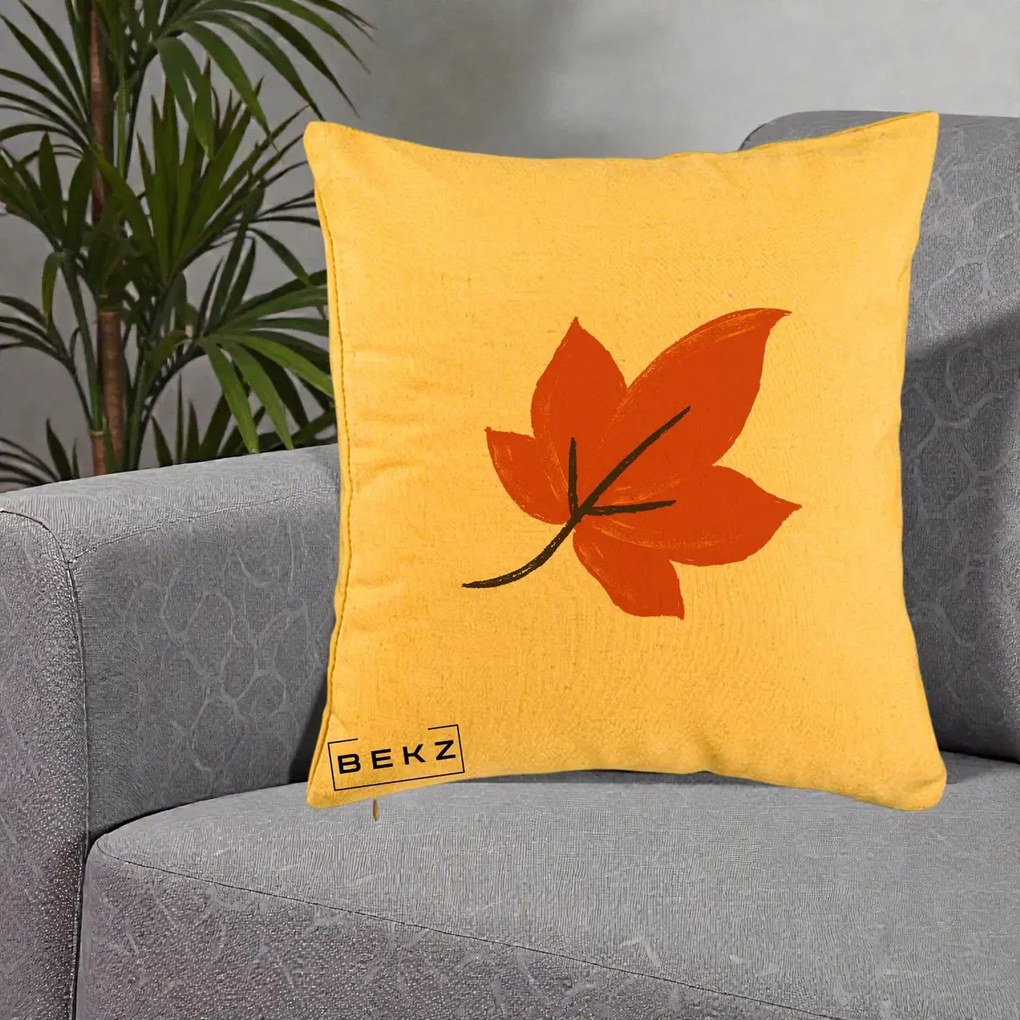 Perna Decorativa Frunza de Toamna Portocalie, 40x40 cm, Galben, Husa Detasabila, Perna Inclusa, BEKZ®