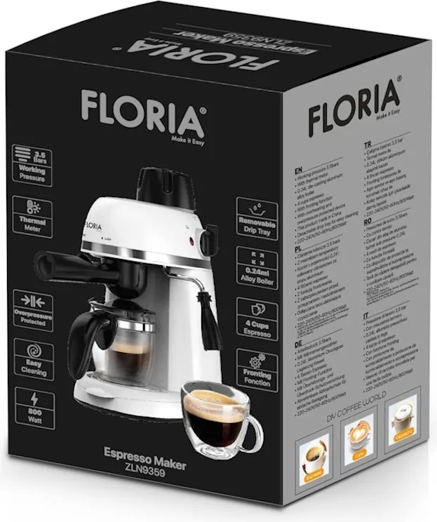Espressor Floria ZLN9359 Alb, putere 800W, presiune de 3.5 bari, usor de curatat