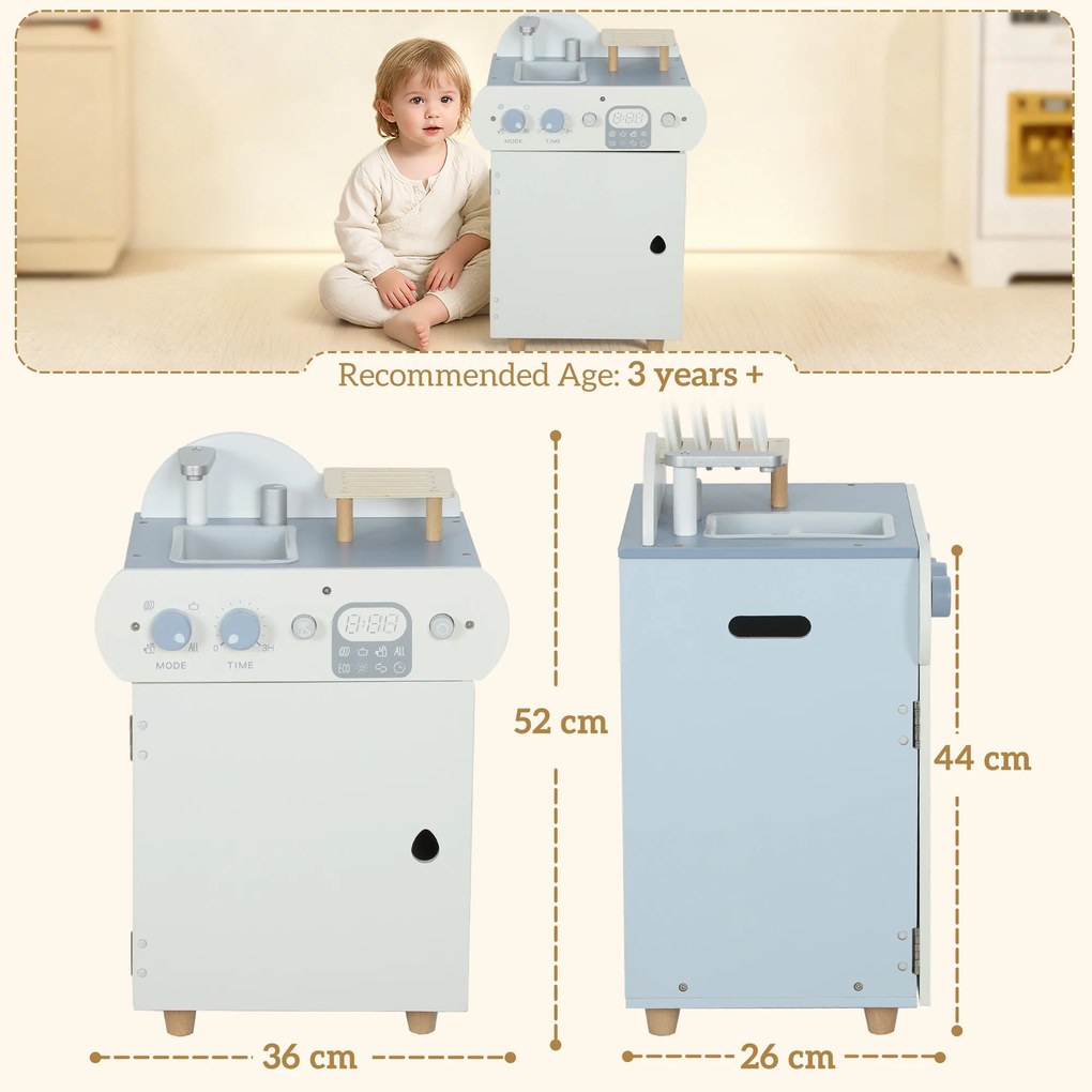 AIYAPLAY Set bucătărie cu chiuvetă, mașină de spălat vase din lemn pentru copii, 32 piese accesorii, MDF, pentru copii de la 3 ani, albastru deschis | Aosom Romania