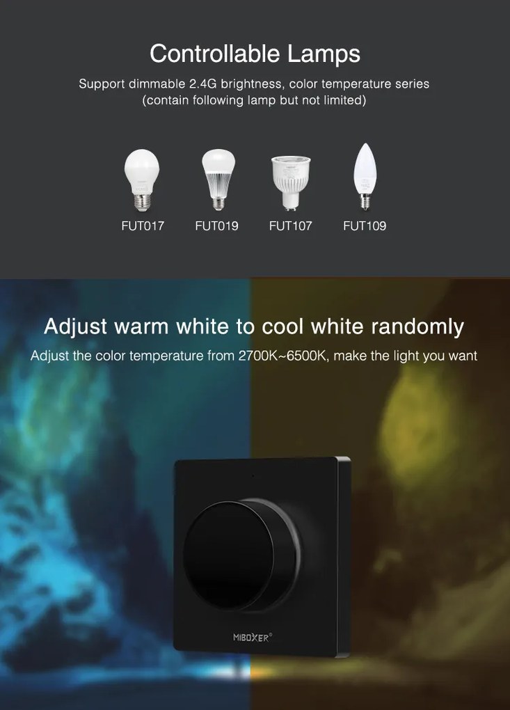 Variator de perete pentru banda LED, compatibil cu banda led monocolora si CCT, montaj aplicat, negru,MiBoxer Milight