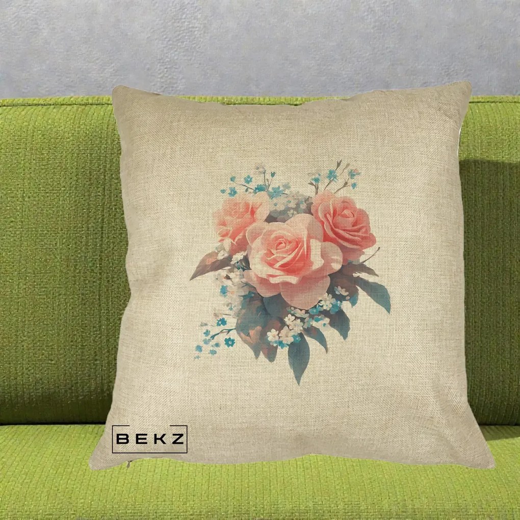 Perna Decorativa Trandafiri Roz cu Floricele Albastre, 40x40 cm, Crem, Husa Detasabila, Perna Inclusa, BEKZ®