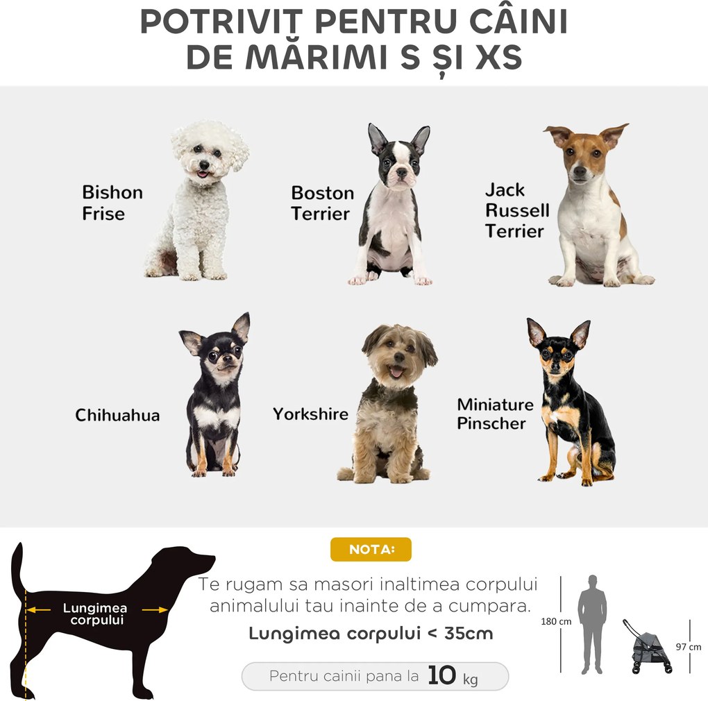 PawHut Cărucior Pliabil pentru Câini cu Acoperiș Reglabil, Geantă și 2 Lese, 82x47x97 cm, Gri | Aosom Romania