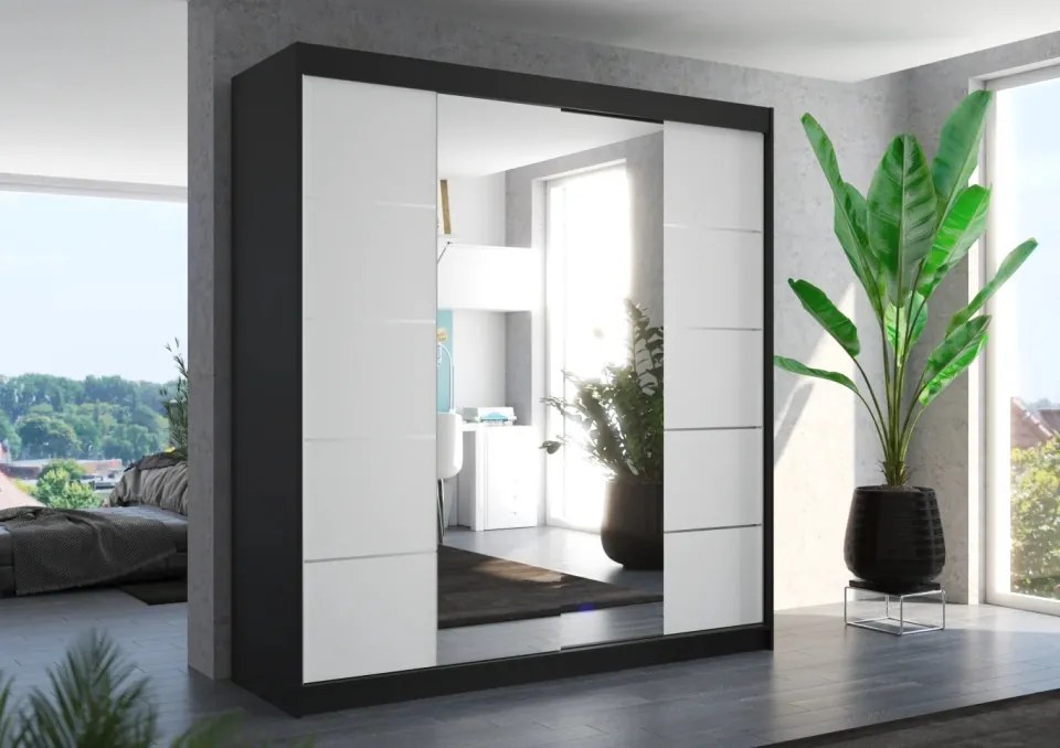 Dulap cu uși glisante DALMATIA – cu oglindă – 200x58x215 cm – Negru / Alb