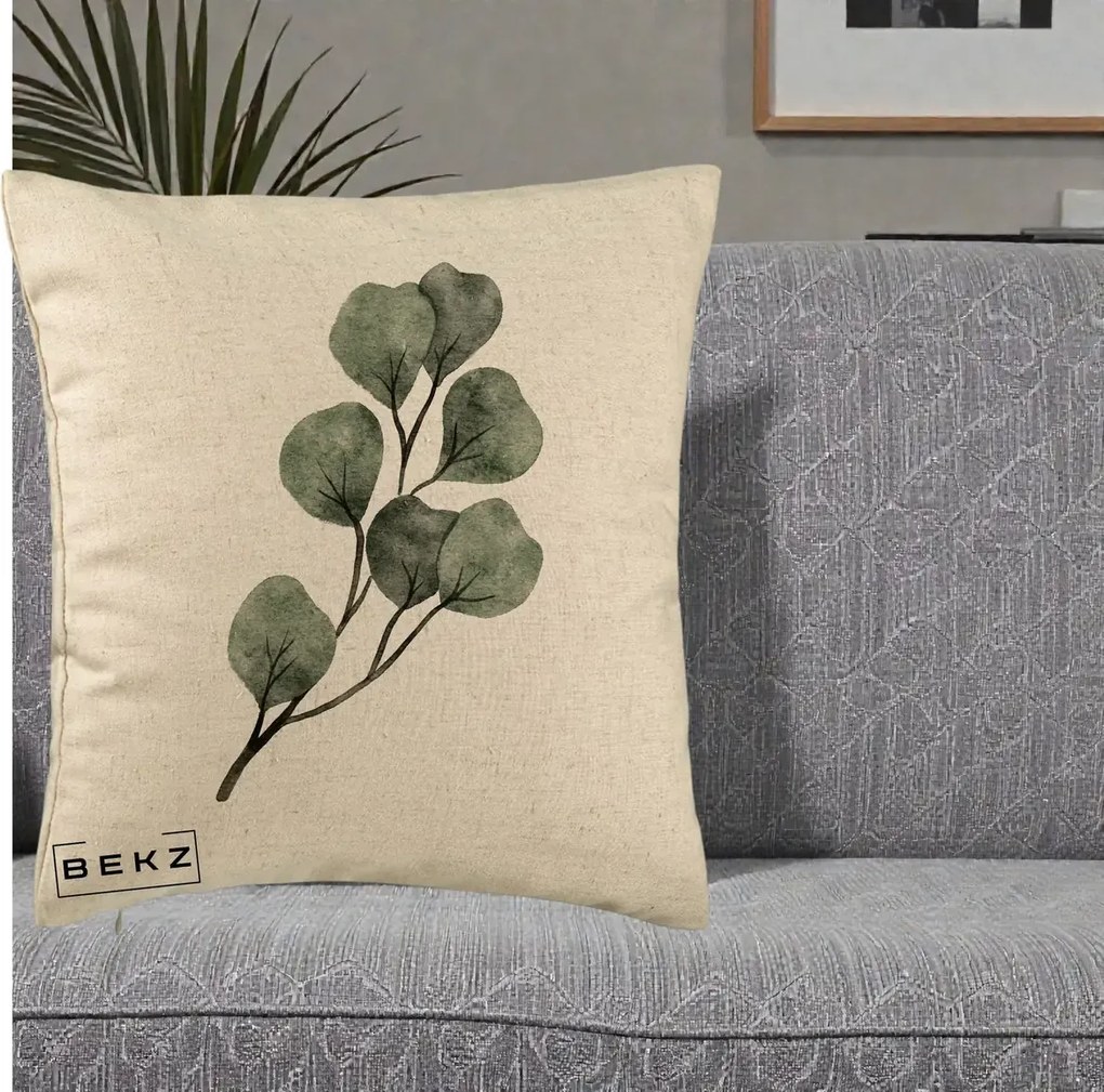 Perna Decorativa Ramura Eucalipt Acuarela, 40x40 cm, Bej, Husa Detasabila, Perna Inclusa, BEKZ®
