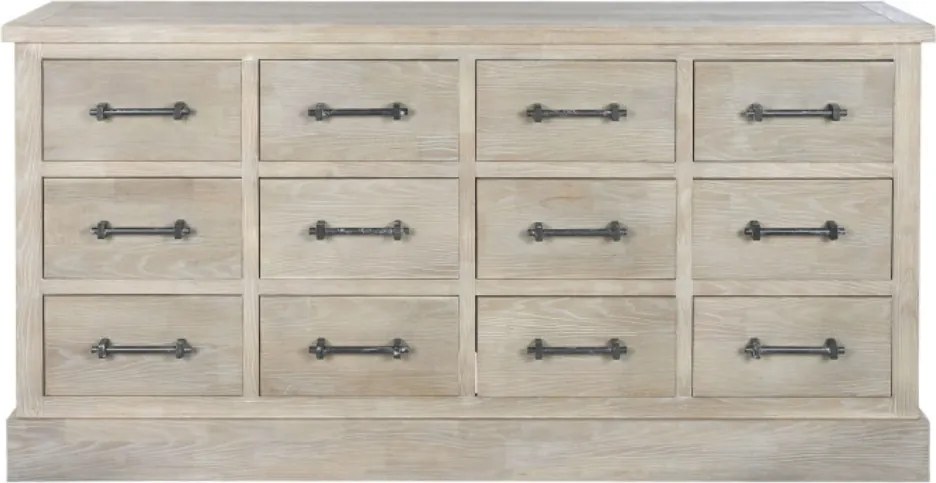 Comodă din metal, alb, 12 sertare cu mânere tip bară și bază tip soclu, finisaj antichizat, 89 x 170 x 40 cm, „Madeleine”