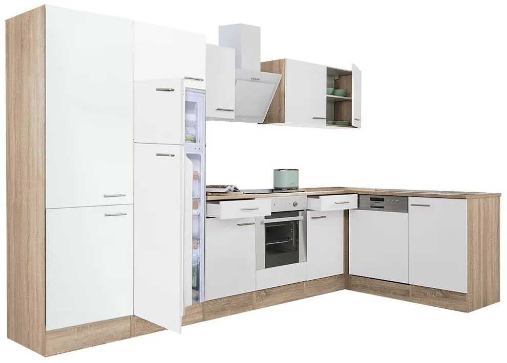 Mobilă de bucătărie de colț Yorki 340, corp din stejar sonoma, față alb satinat, element cuptor inferior, dulap cu rafturi, frigider congelator superior