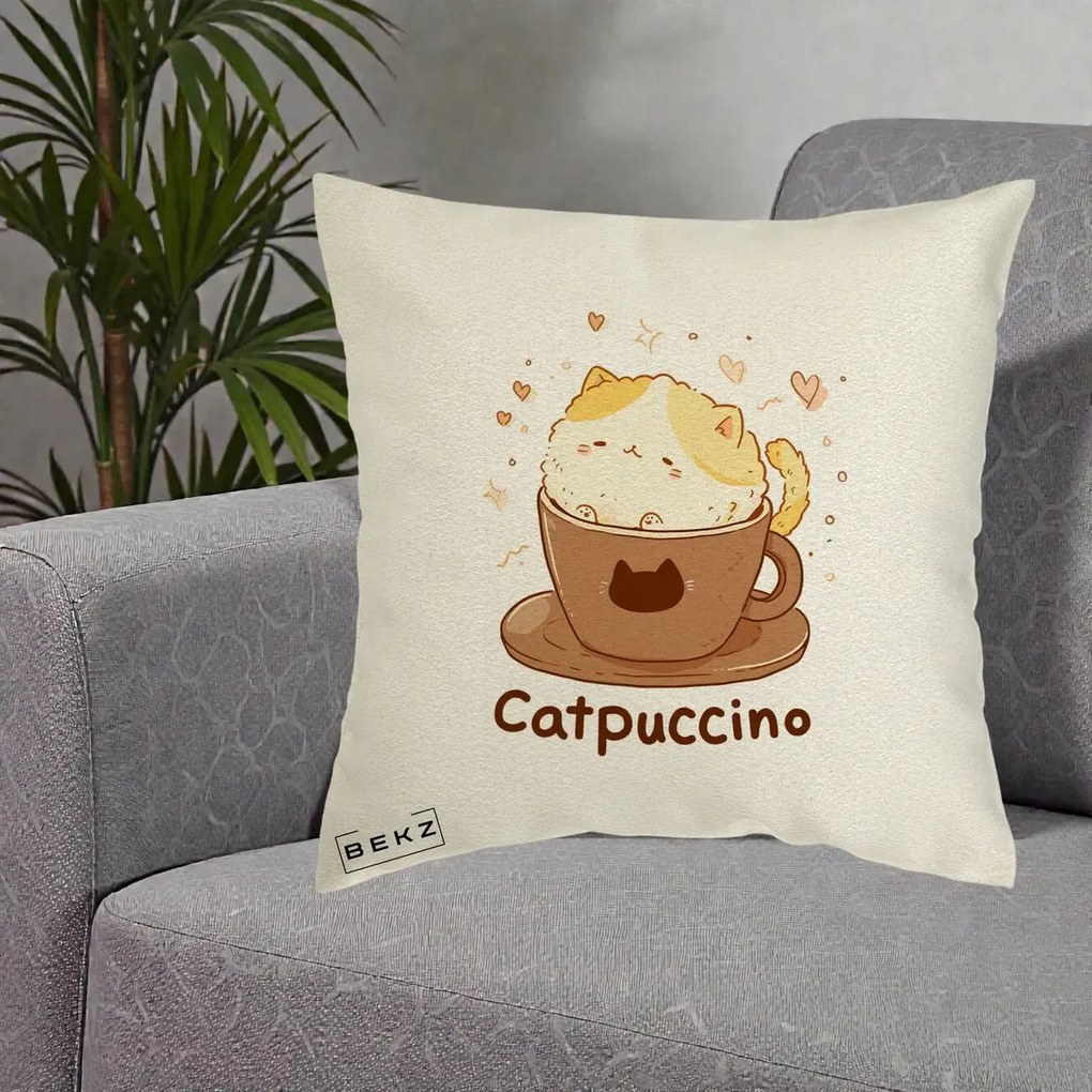 Perna Decorativa Catpuccino Pisica Cappuccino, 40x40 cm, Ecru, Husa Detasabila, Perna Inclusa, BEKZ®