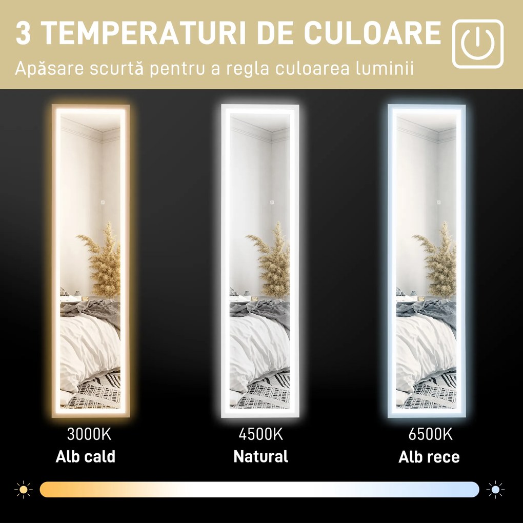 HOMCOM Oglindă Iluminată cu Lumini LED Reglabile și Buton Tactil, din Sticlă și MDF, 40x5x160 cm, Alb | Aosom Romania