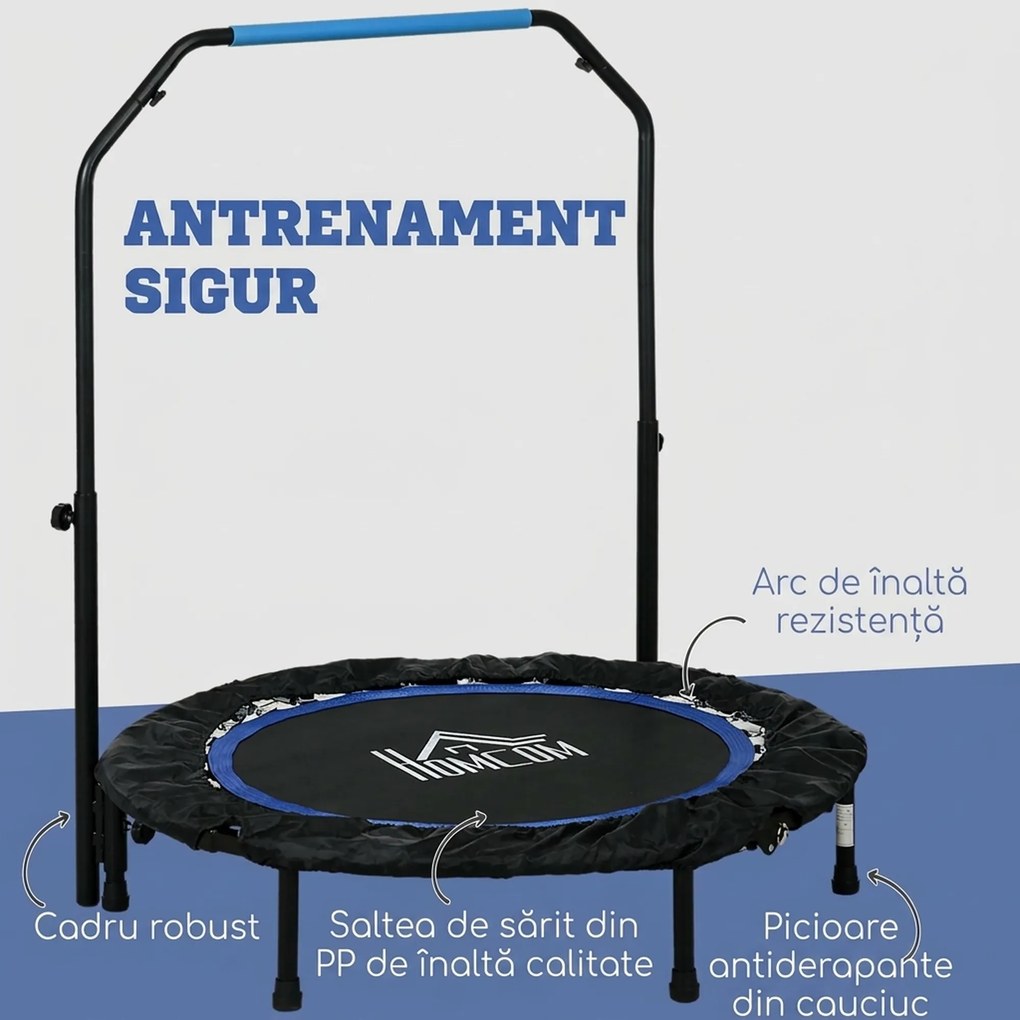 HOMCOM Trambulină Elastică Pliabilă cu Mâner Reglabil, Ø102x99123 cm, Albastru | Aosom Romania
