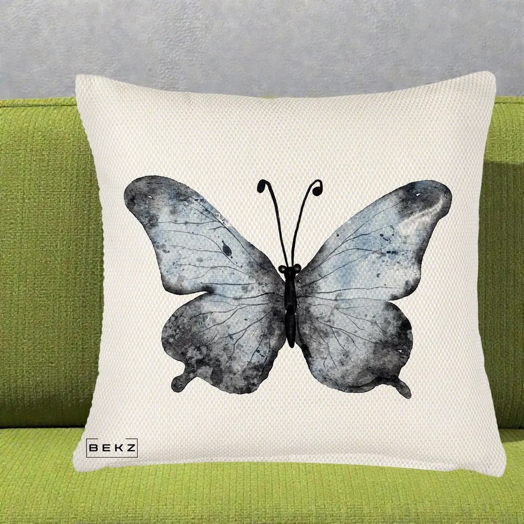 Perna Decorativa Fluture Acuarela Albastru-Gri, 40x40 cm, Crem Reliefat, Husa Detasabila, Perna Inclusa, BEKZ®