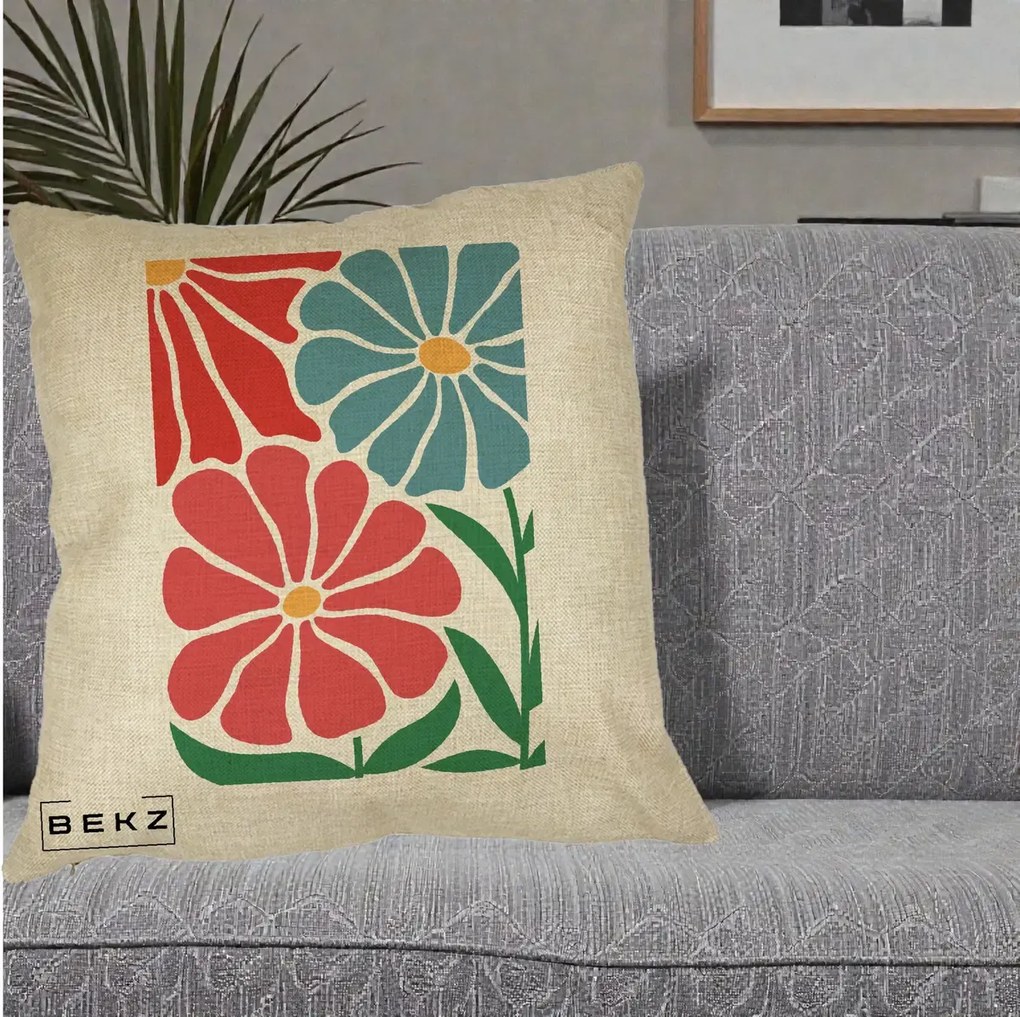 Perna Decorativa Flori Grafice Rosu-Albastru, 40x40 cm, Crem, Husa Detasabila, Perna Inclusa, BEKZ®