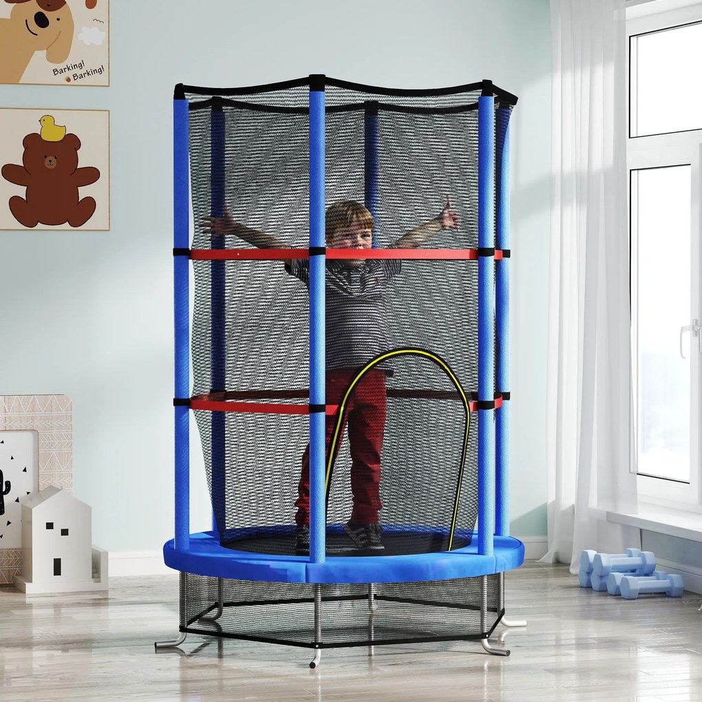 HOMCOM Saltea Elastică pentru Copii 3-6 Ani cu Plasă de Protecție, 6 Stâlpi și 3 Intrări, Ø140x190 cm, Albastru | Aosom Romania