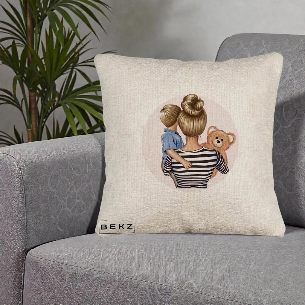 Cadou pentru Mama - Perna Personalizata Mama si Baietelul cu Ursulet, 40x40 cm, Bej Canapea, Husa Detasabila, Perna Inclusa, BEKZ®