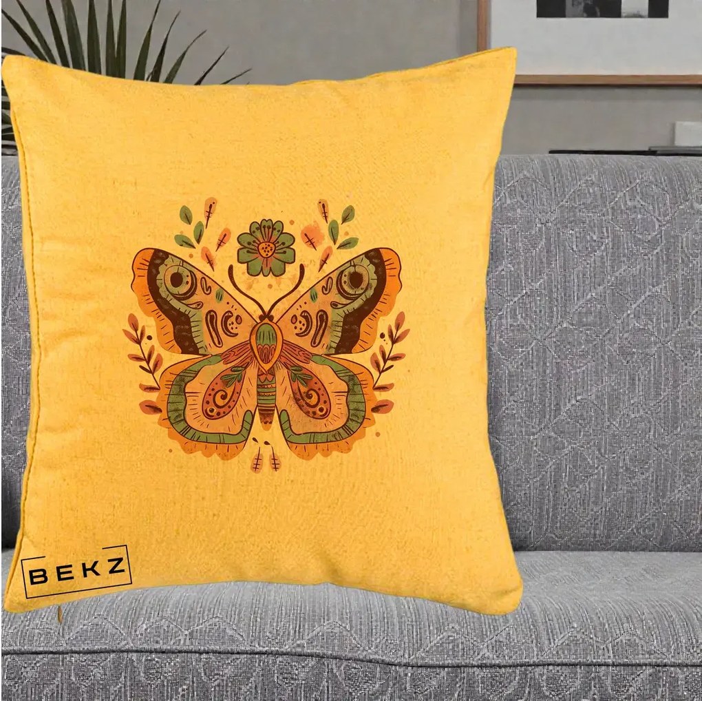 Perna Decorativa Fluture Boho Floral, 40x40 cm, Galben, Husa Detasabila, Perna Inclusa, BEKZ®