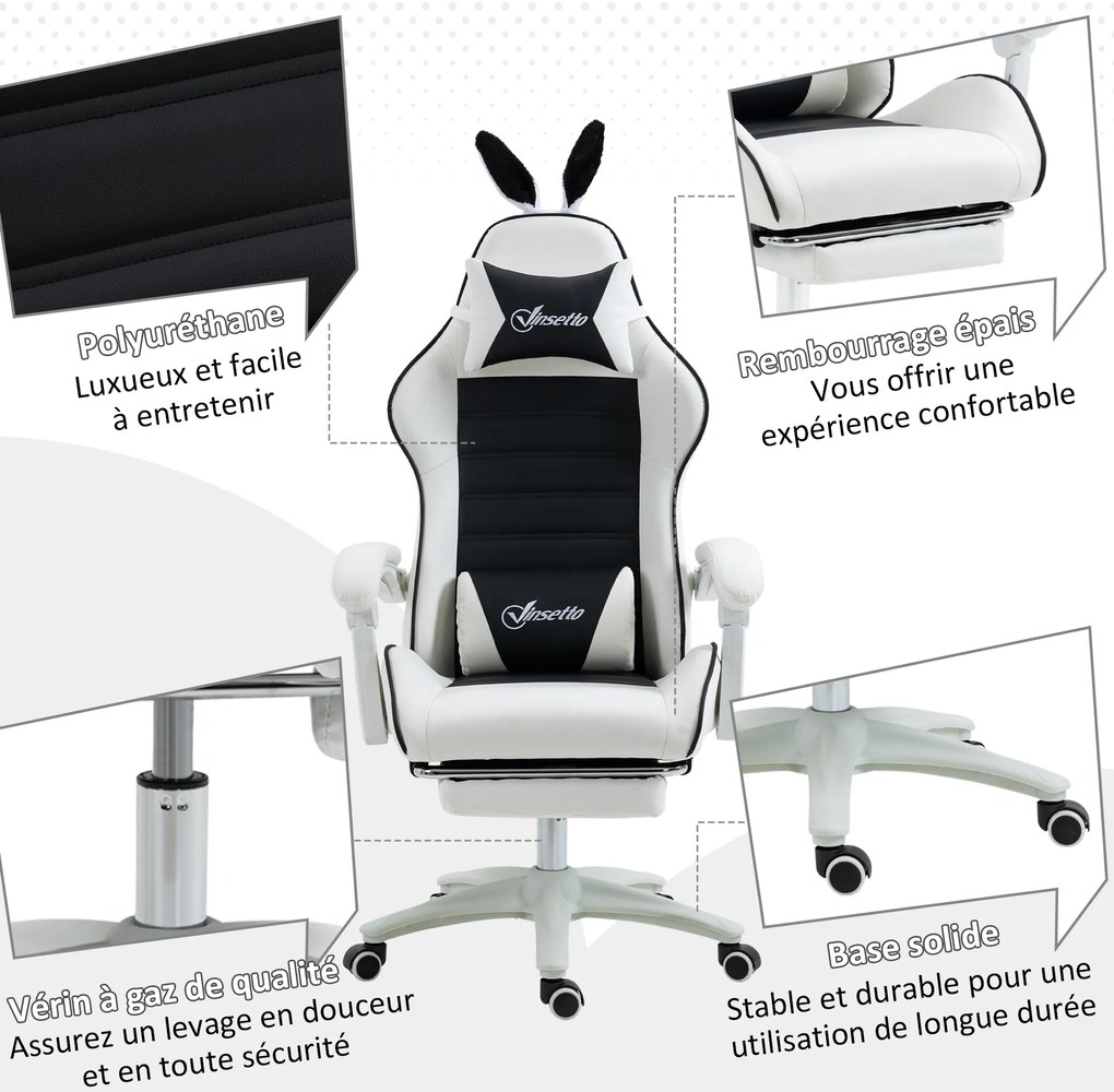 Vinsetto Fotoliu de gaming cu sprijin lombar, înălțime reglabilă, spătar reglabil, urechi de iepure și pernă pentru cap, negru | Aosom Romania