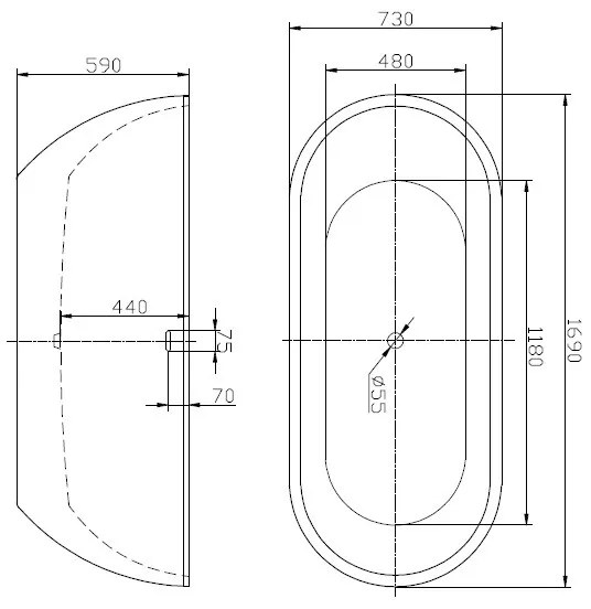 Cadă de baie tip insulă, Florida, Aura, ovală, cu instalație cu ventil click clack, 169 cm