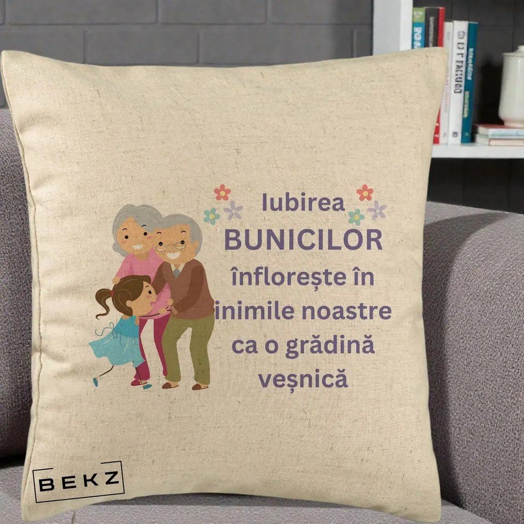 Cadou pentru Bunici - Perna Personalizata Bunicii Iubirea Infloreste Bunici cu Nepoata Colorat, 40x40 cm, Bej, Husa Detasabila, Perna Inclusa, BEKZ®