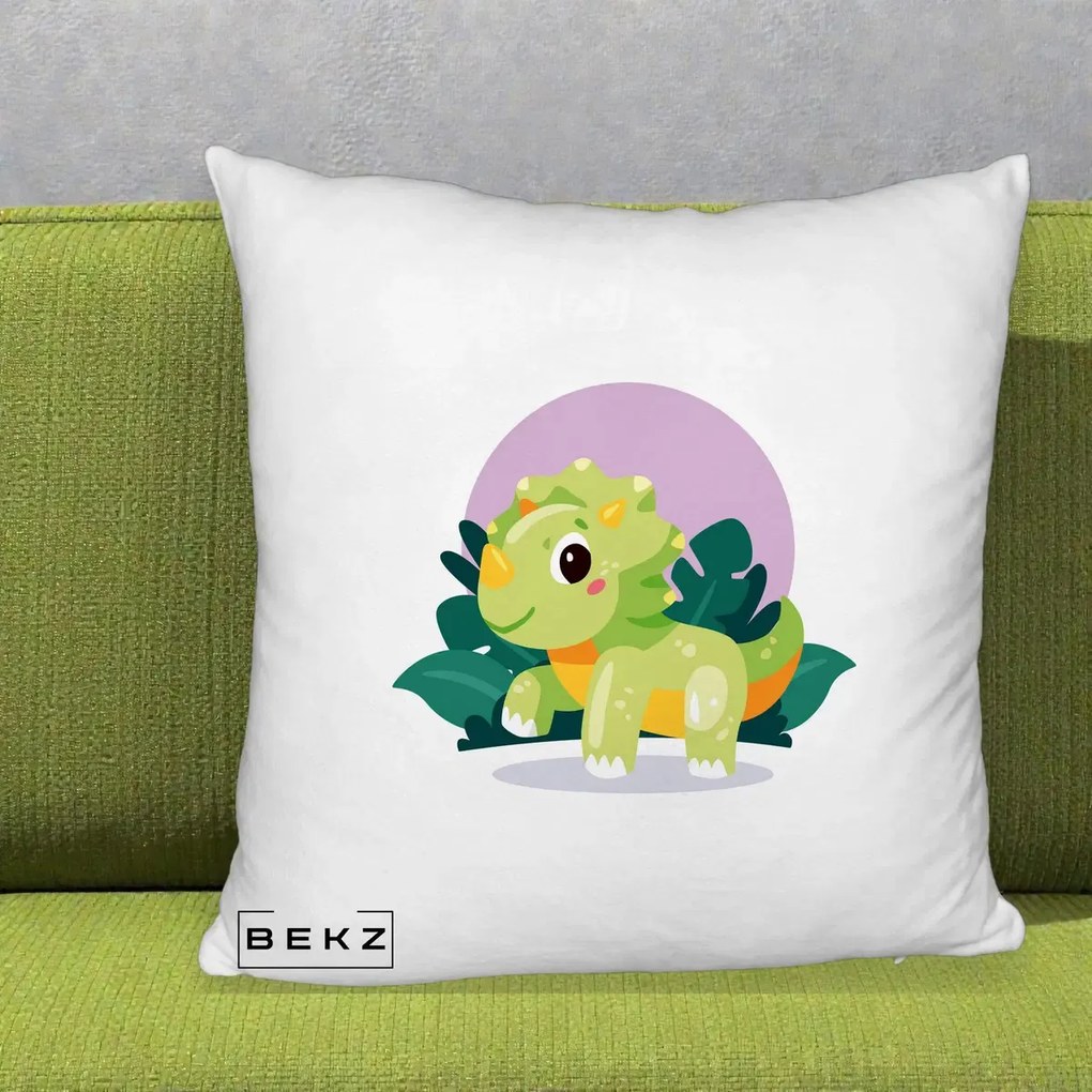 Perna Decorativa Triceratops Kawaii Verde, 40x40 cm, Alb Pufos, Husa Detasabila, Perna Inclusa, BEKZ®