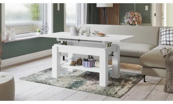 Masă extensibilă ADONIS albă cu poliță, pentru living și dining