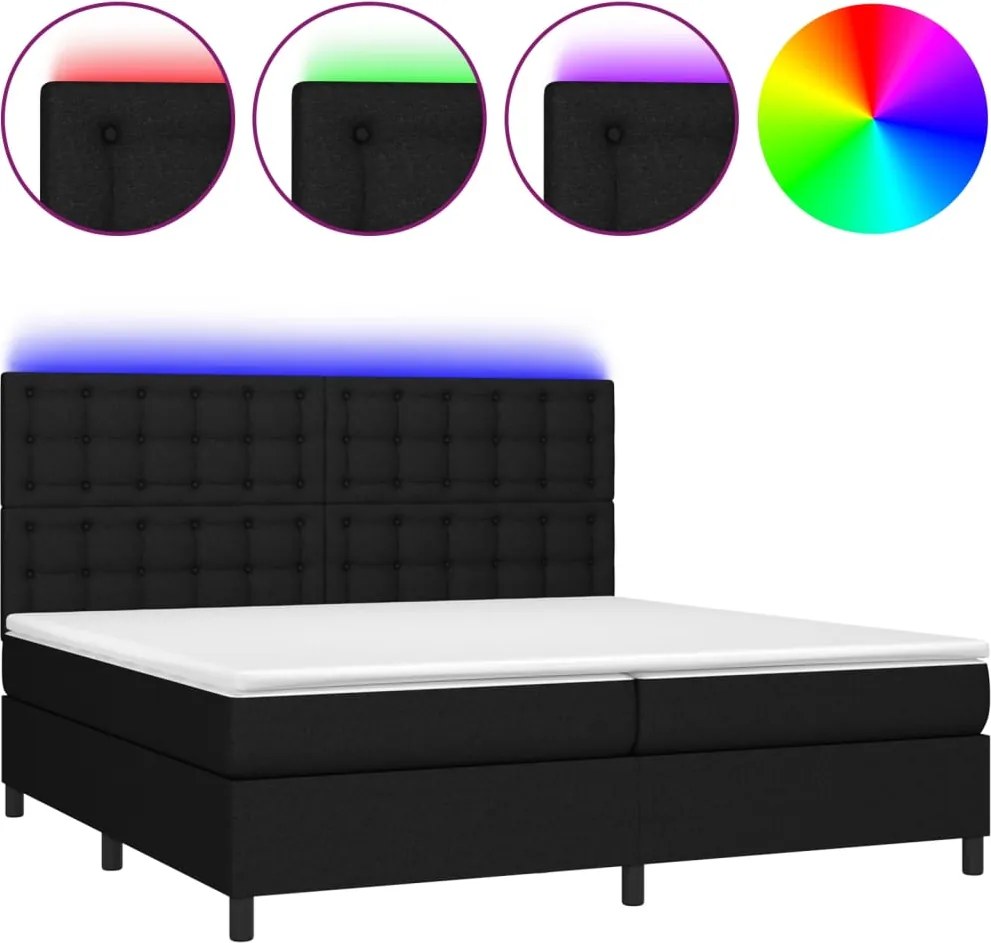vidaXL Pat cu arcuri, saltea și LED, negru, 200x200 cm, textil