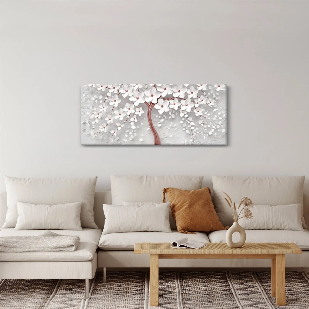 Tablou - Imaginea copacului alb cu flori albe, rosegold (120x50 cm)