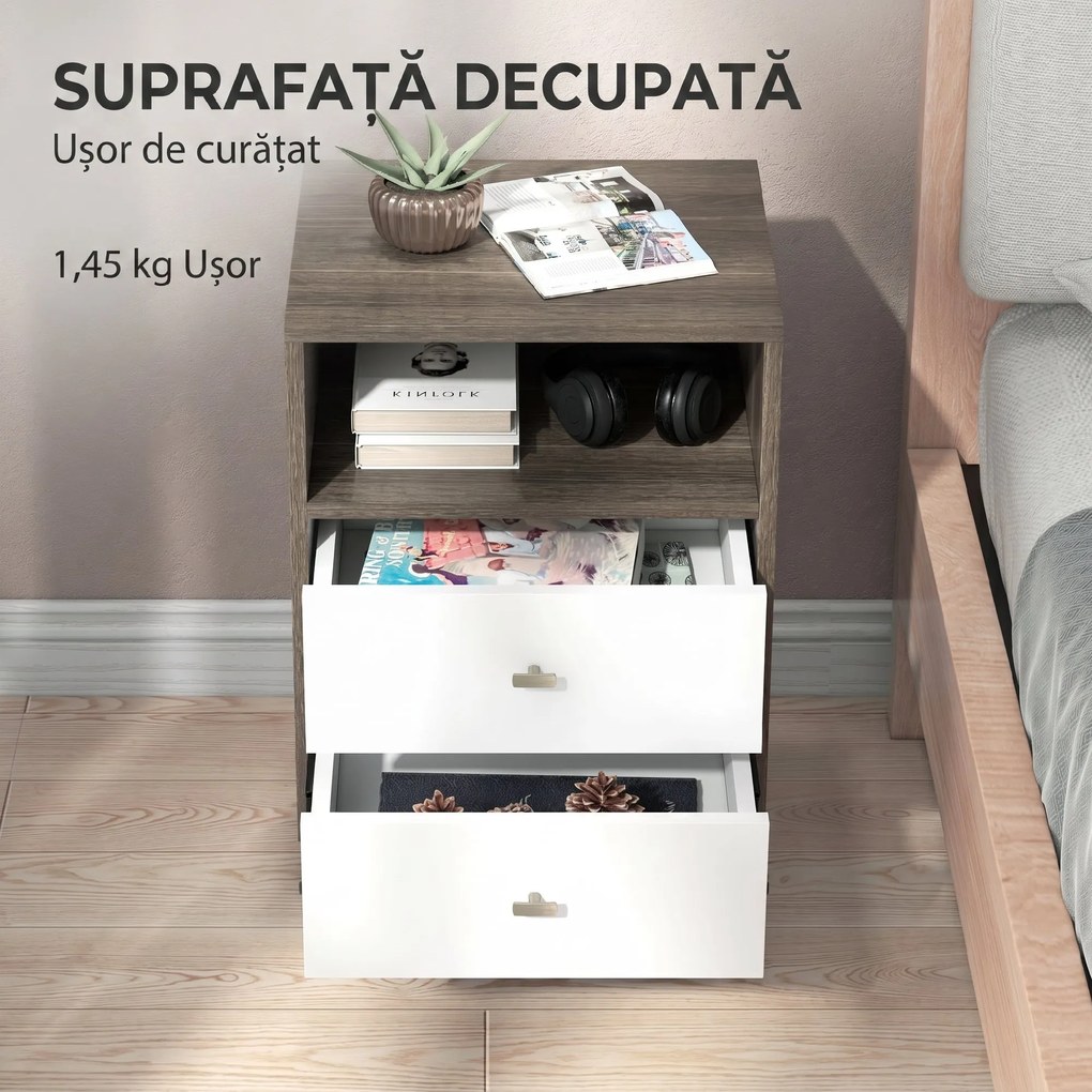 HOMCOM Set de 2 Noptiere Moderne cu 2 Sertare și Spațiu Deschis, Măsuța Laterală pentru Dormitor, 40x34x64 cm, Gri
