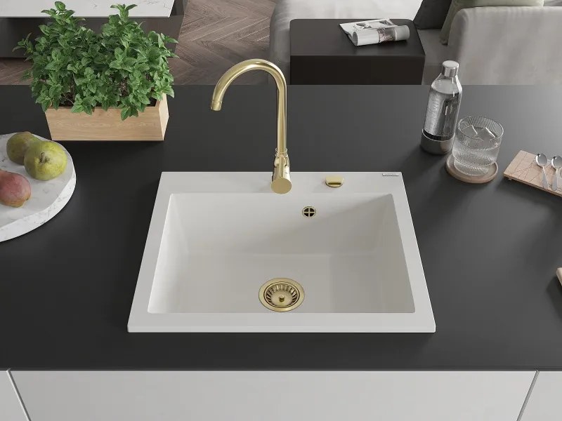Mexen Elix chiuvetă din granit cu 1 compartiment 600 x 500 mm, albă, sifon auriu - 6525601005-20-G