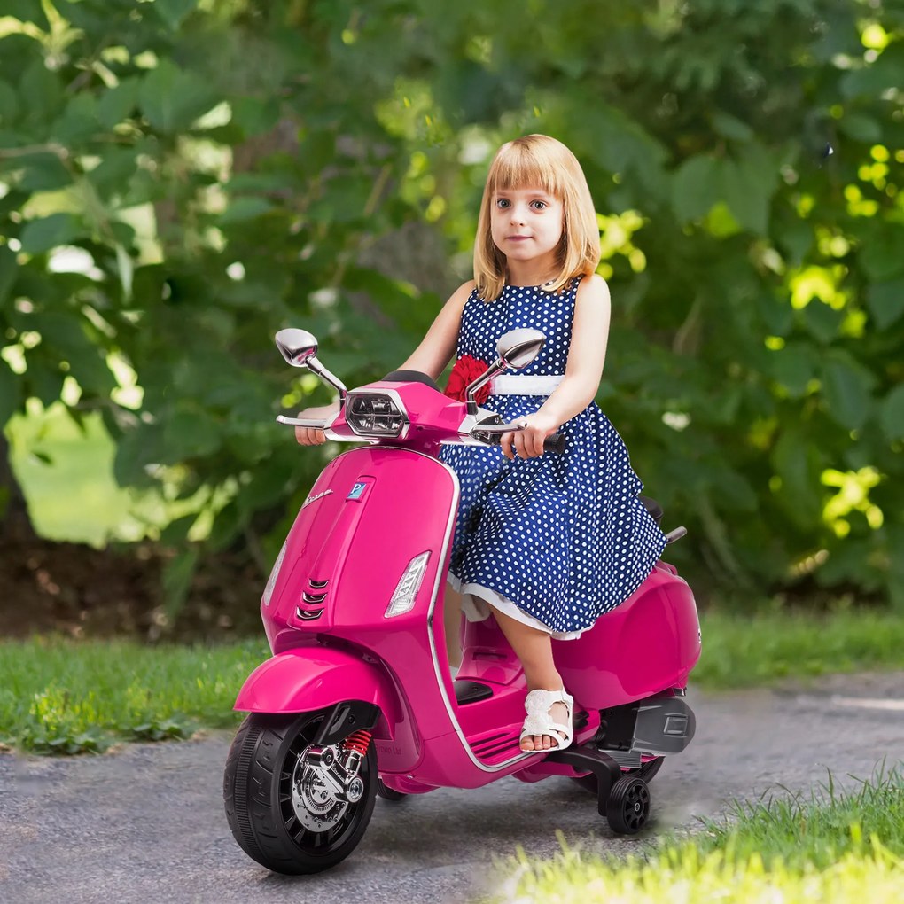 AIYAPLAY Motocicletă electrică pentru copii Vespa 6V, Muzică MP3 Port USB Faruri 2 roți de antrenare, dim. 107L x 47l x 73H cm Roz | Aosom Romania