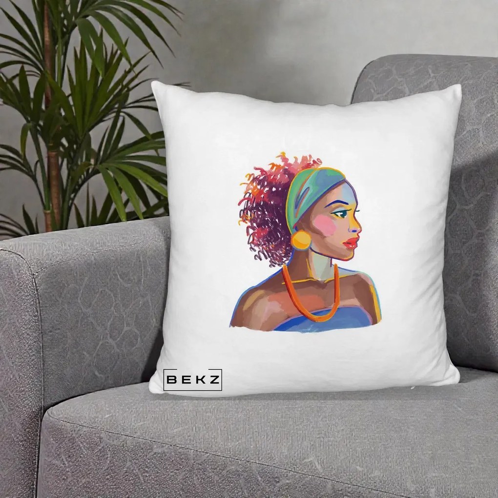 Perna Decorativa Portret Femeie Urbana Acuarela, 40x40 cm, Alb Pufos, Husa Detasabila, Perna Inclusa, BEKZ®