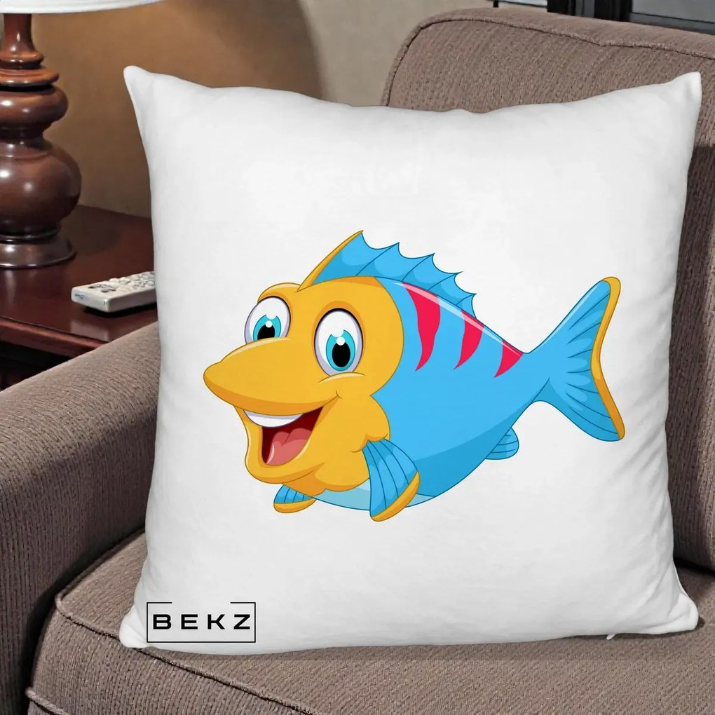 Perna Decorativa Peste Vesel Cartoon, 40x40 cm, Alb Pufos, Husa Detasabila, Perna Inclusa, BEKZ®