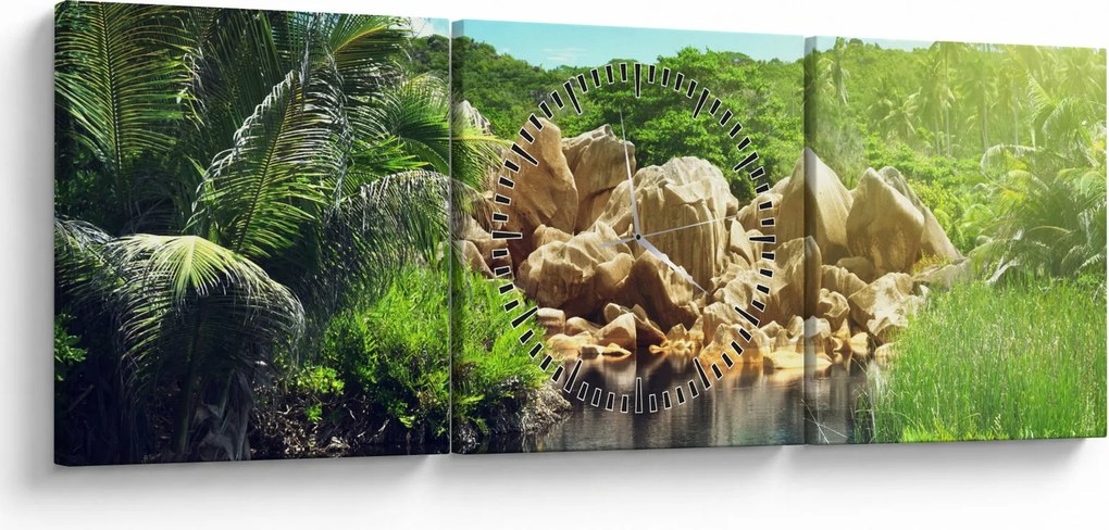 Tablou cu lac în jungla din Seychelles (cu ceas) (90x30 cm)