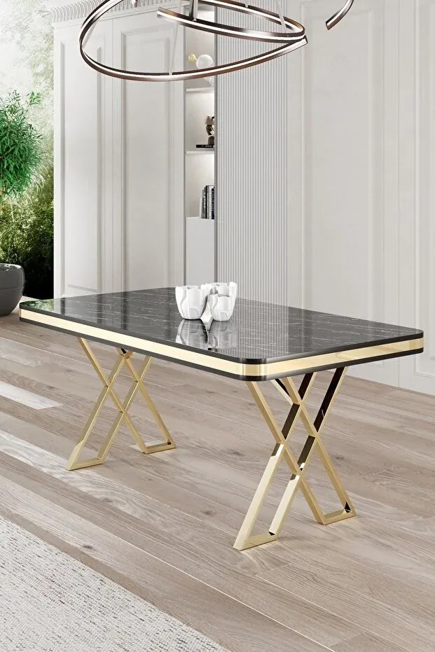 Set masa si 6 scaune culoare masa marmorat negru scaune tapitat negru