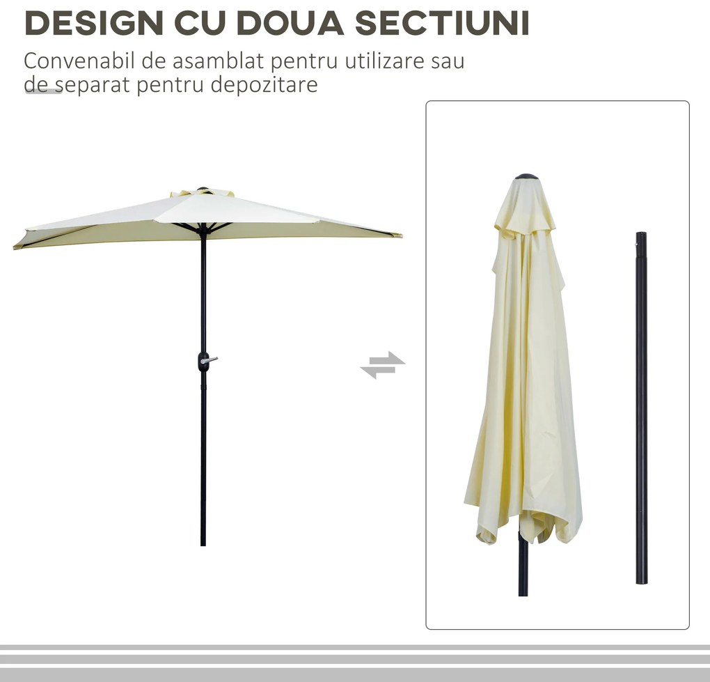 Outsunny Umbrelă Semicirculară de Perete cu Manivelă și 5 Spițe, 2.6x1.35x2.3 m, Bej | Aosom Romania